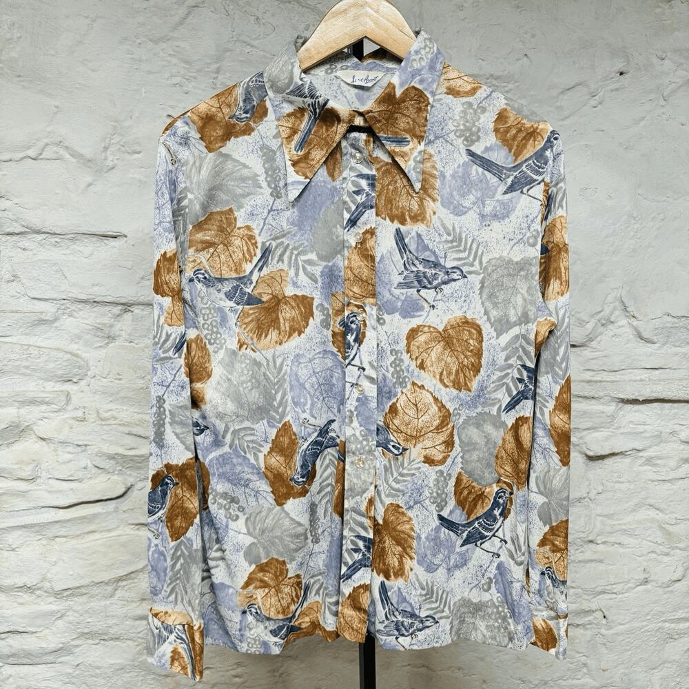 Vtg 70s Disco Bird & Leaf Print Shirt Accent Dagger Spread Collar Hippie Silky